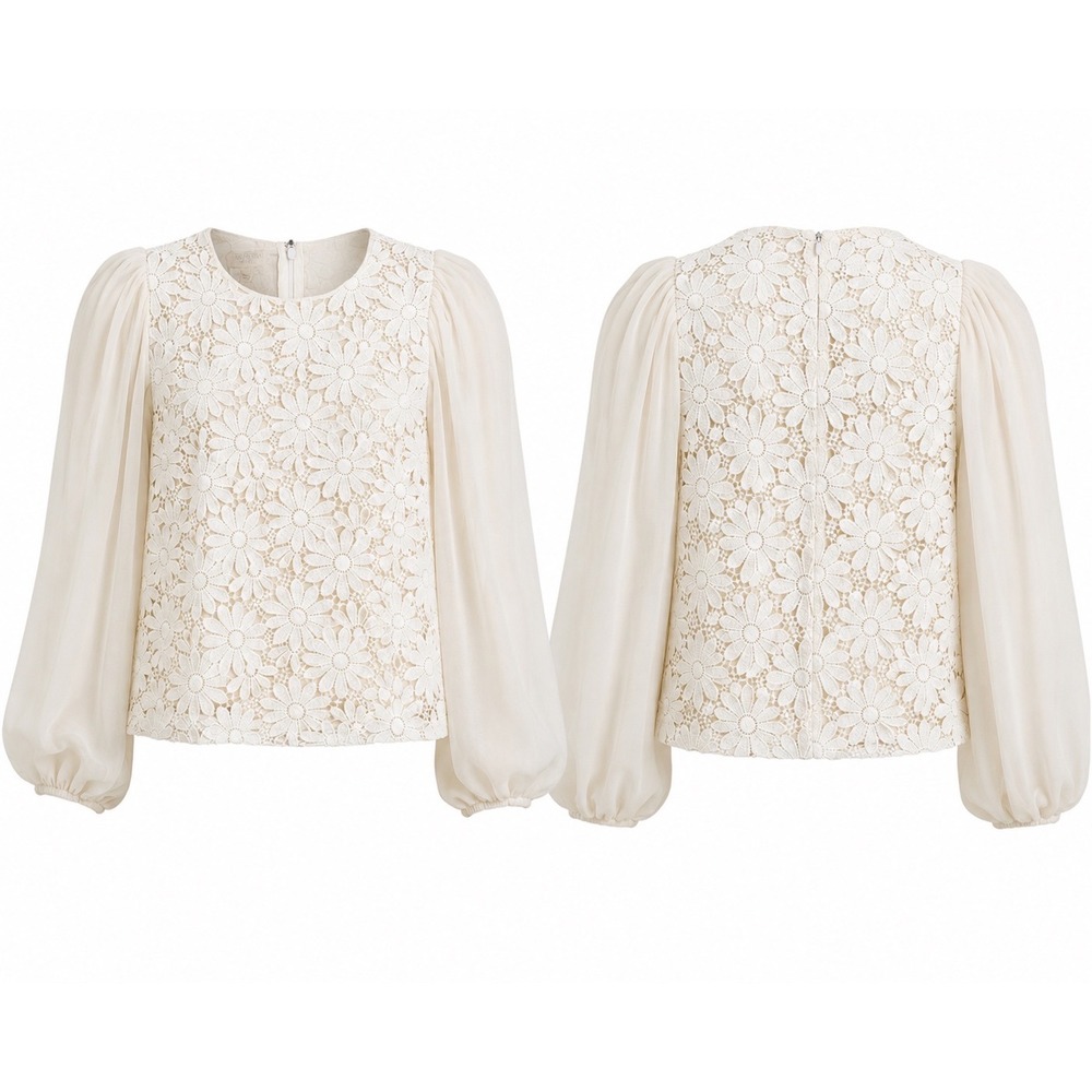 Giambattista Valli Archival Lace Silk Balloon Sleeve Blouse Italy 40 XS Ivory